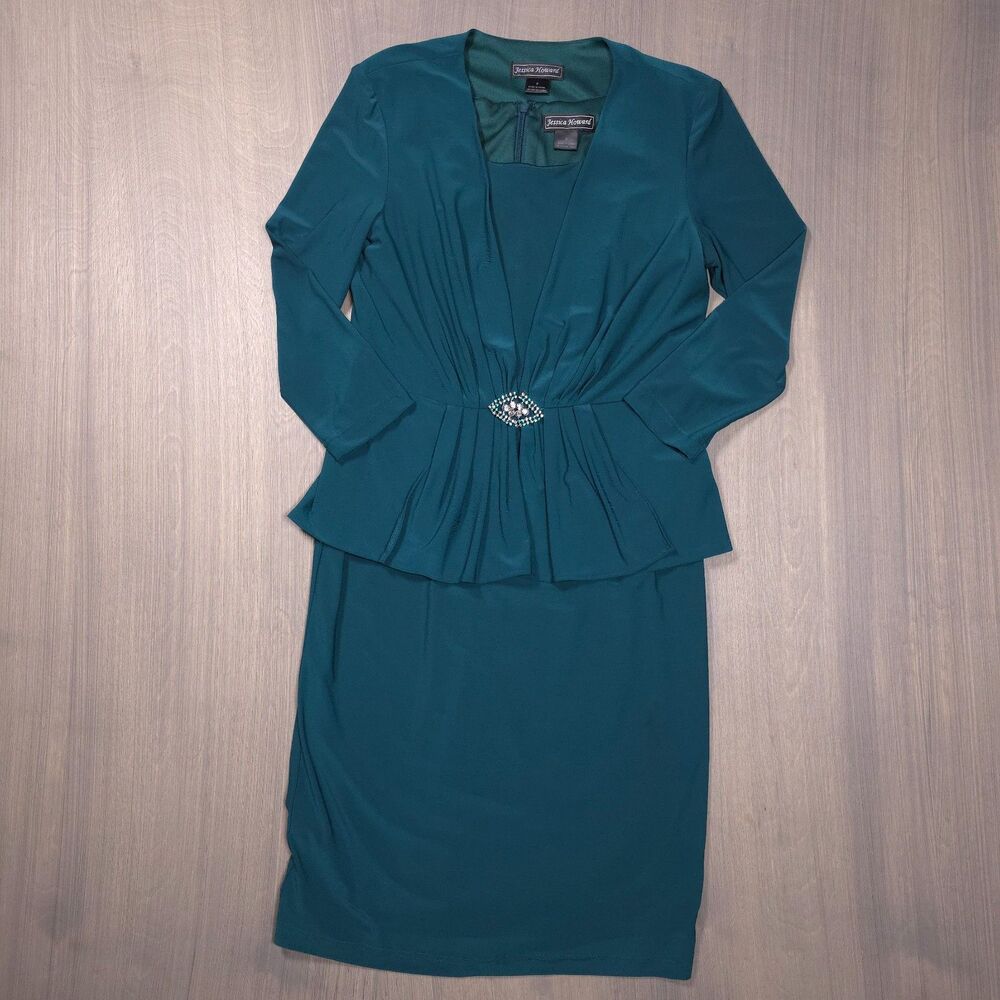 Jessica Howard Teal Green Jacket Dress Set Size 6 Rhinestone Brooch